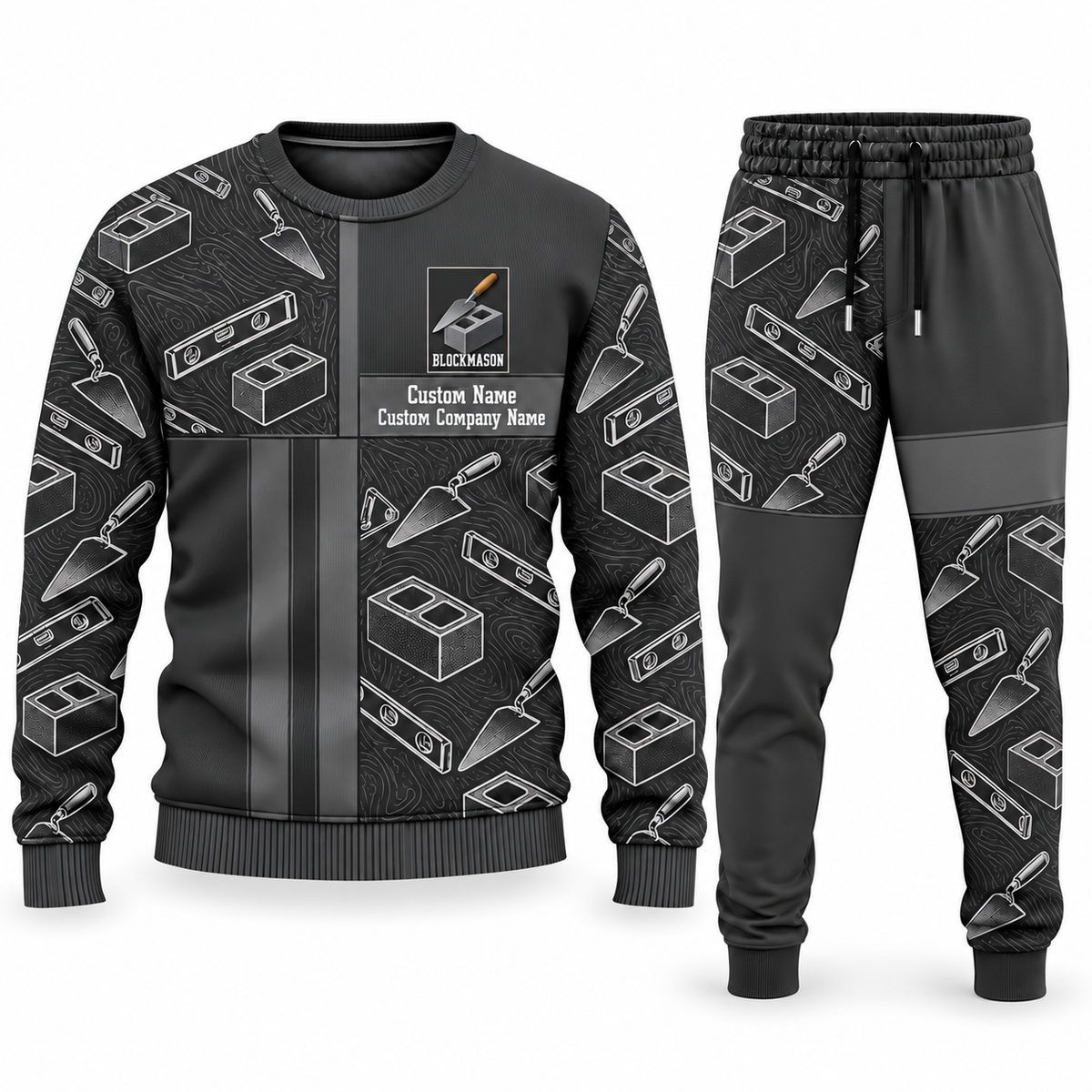 Blockmason matching top and jogger combo in Charcoal with name and company artwork