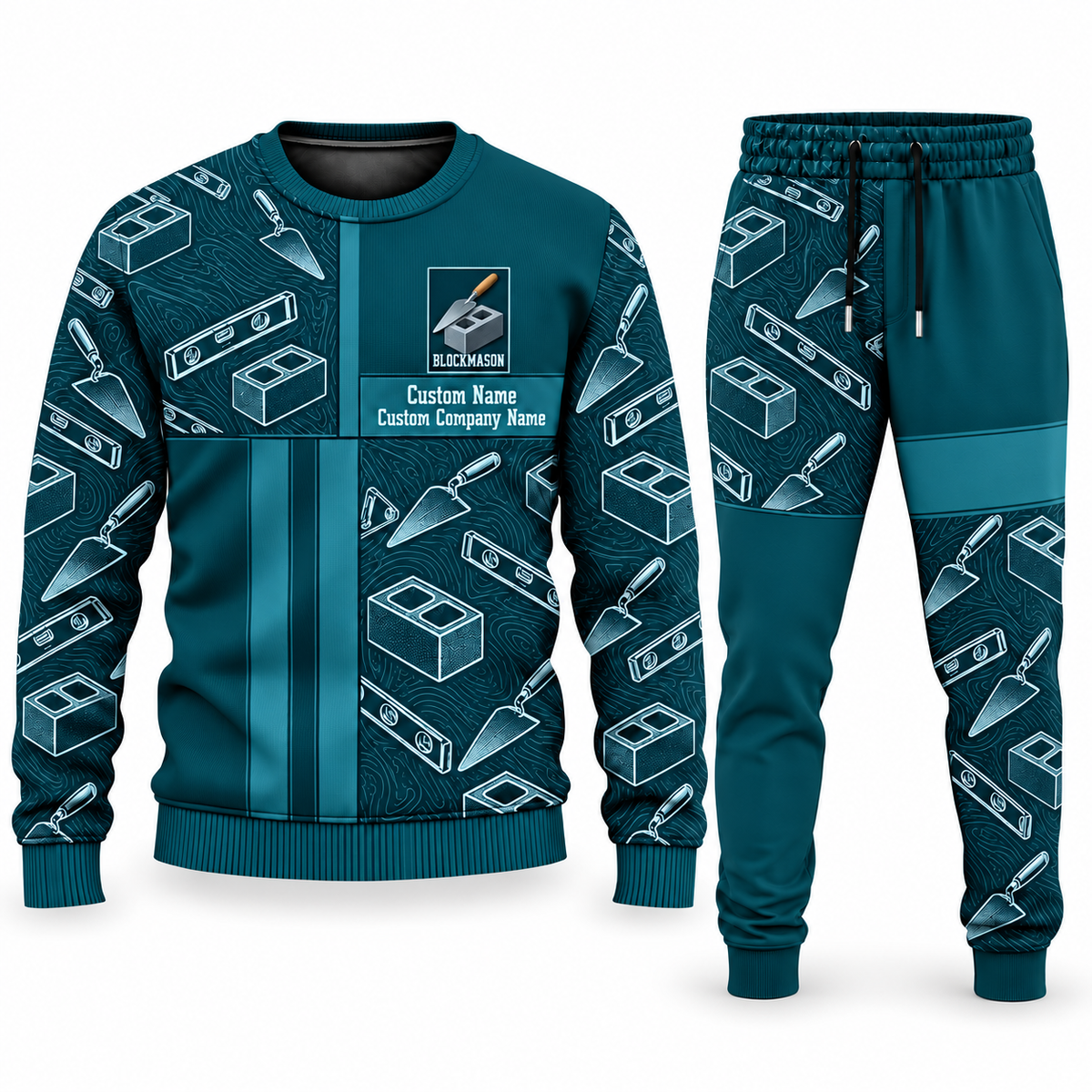 Blockmason matching top and jogger combo in Teal with name and company artwork