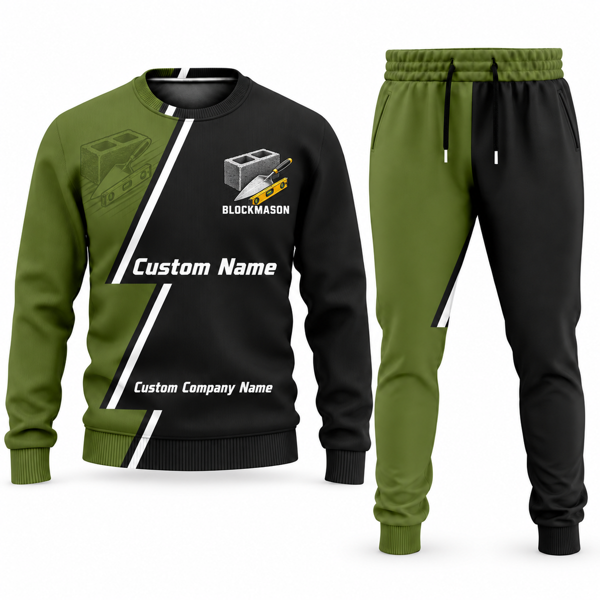 Blockmason matching top and jogger combo in Olive with name and company artwork