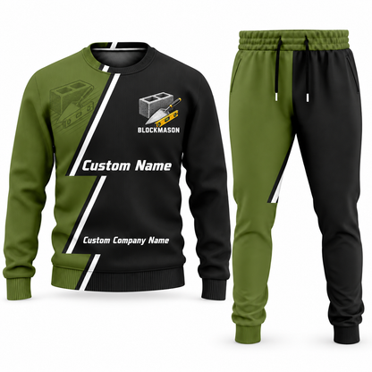Blockmason matching top and jogger combo in Olive with name and company artwork