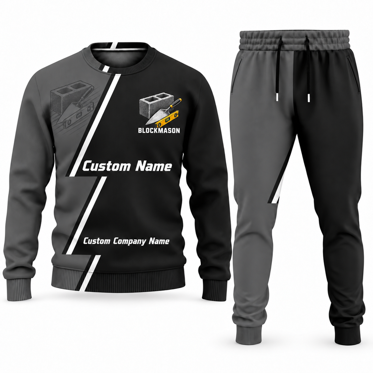Blockmason matching top and jogger combo in Charcoal with name and company artwork