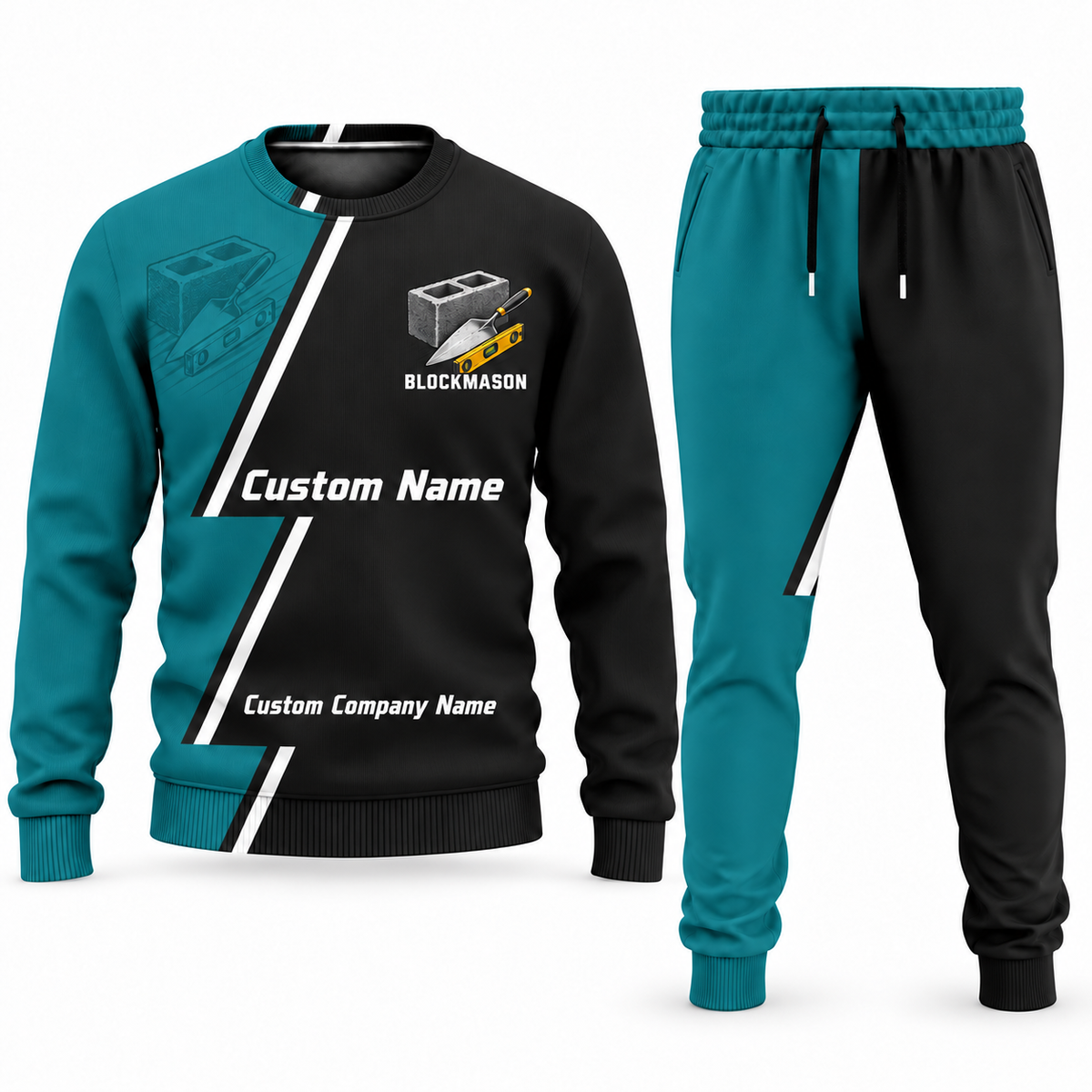 Blockmason matching top and jogger combo in Teal with name and company artwork