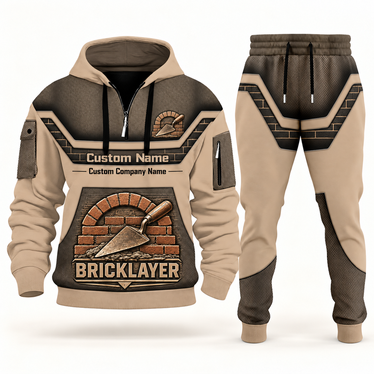 Bricklayer matching top and jogger combo in Sand with name and company artwork