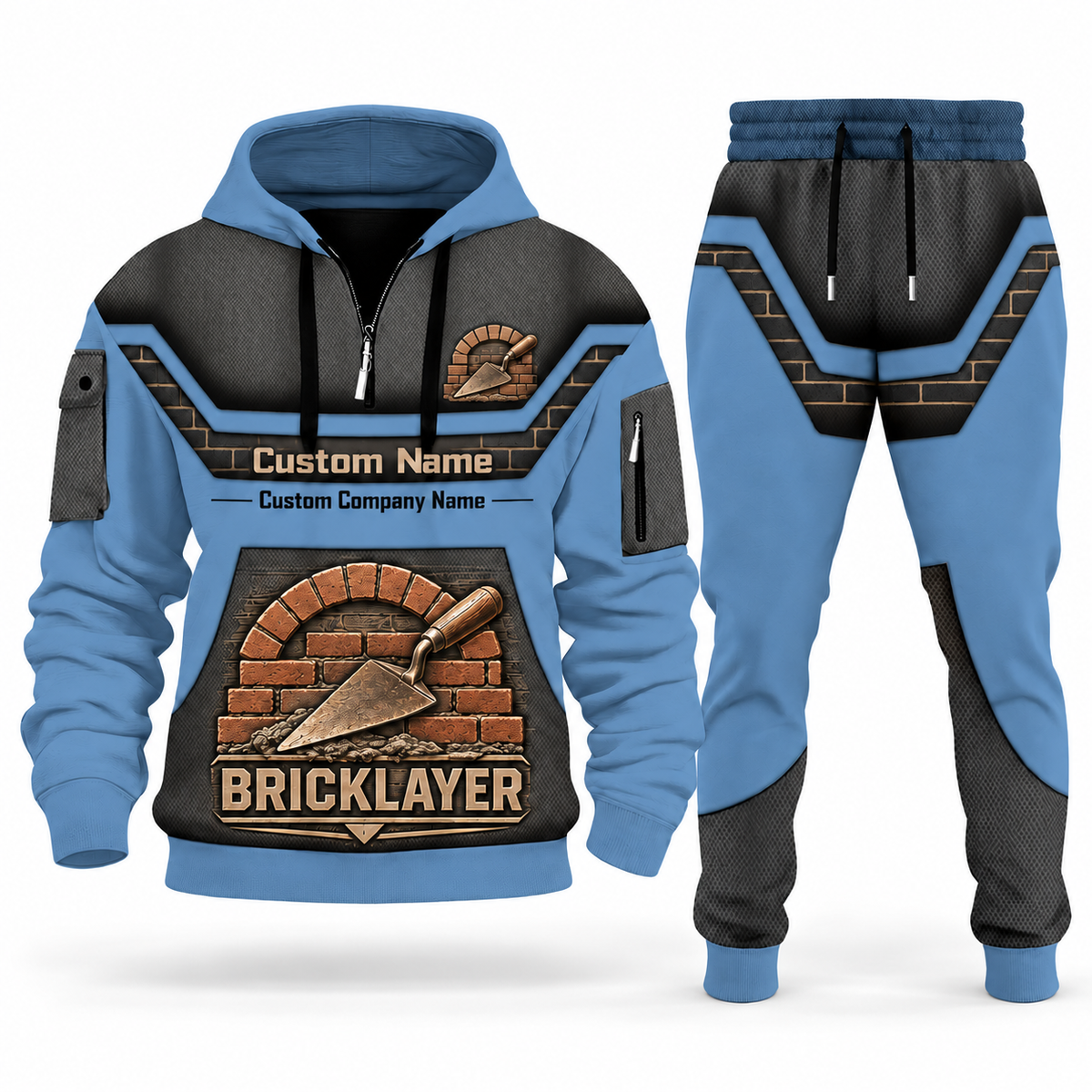 Bricklayer matching top and jogger combo in Steel Blue with name and company artwork