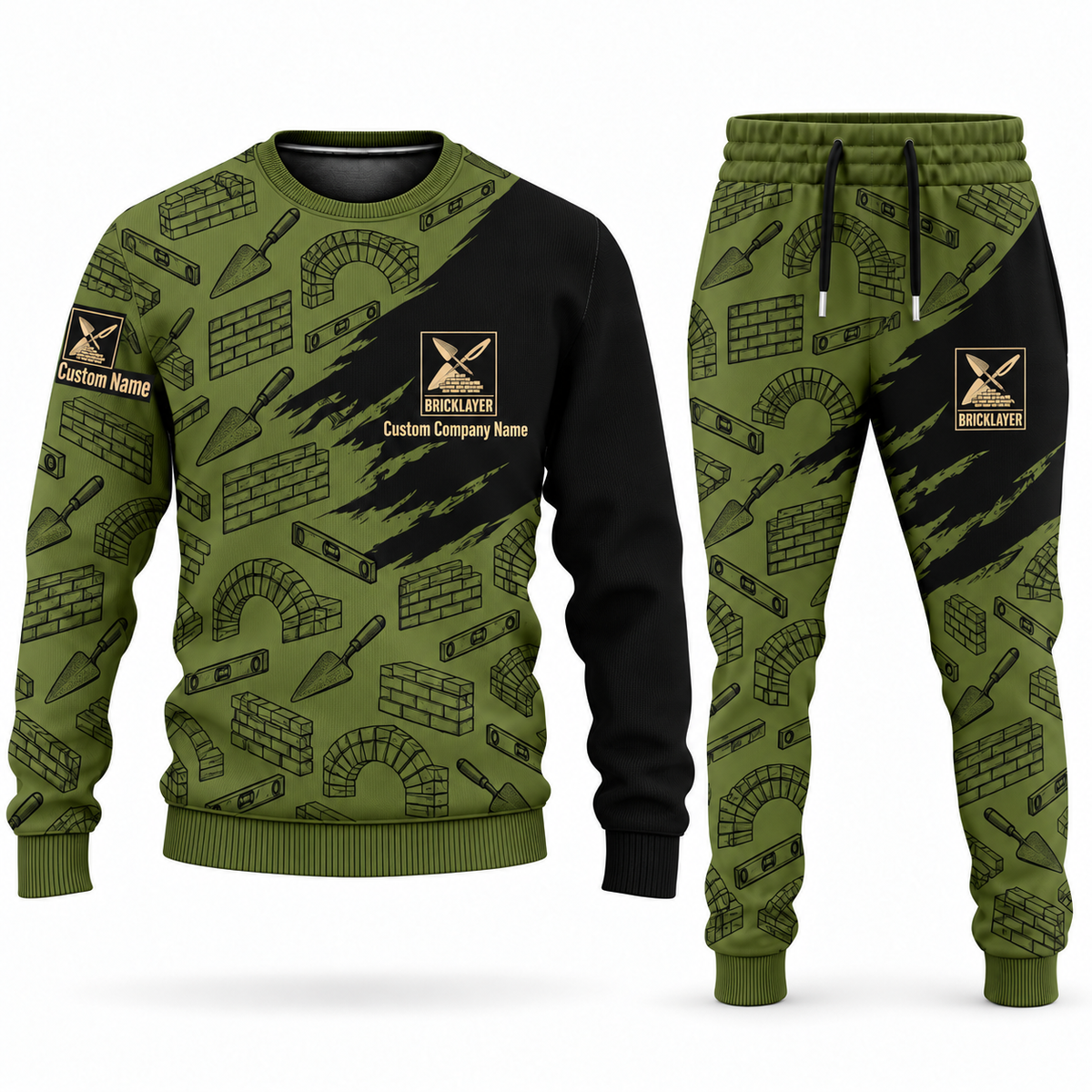 Bricklayer matching top and jogger combo in Olive with name and company artwork