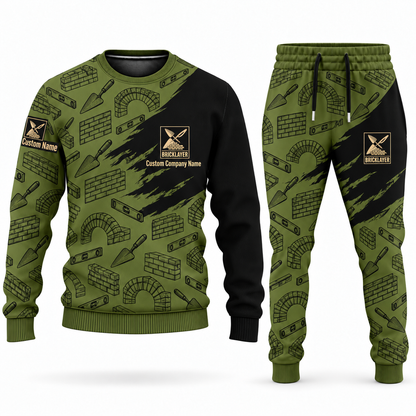 Bricklayer matching top and jogger combo in Olive with name and company artwork