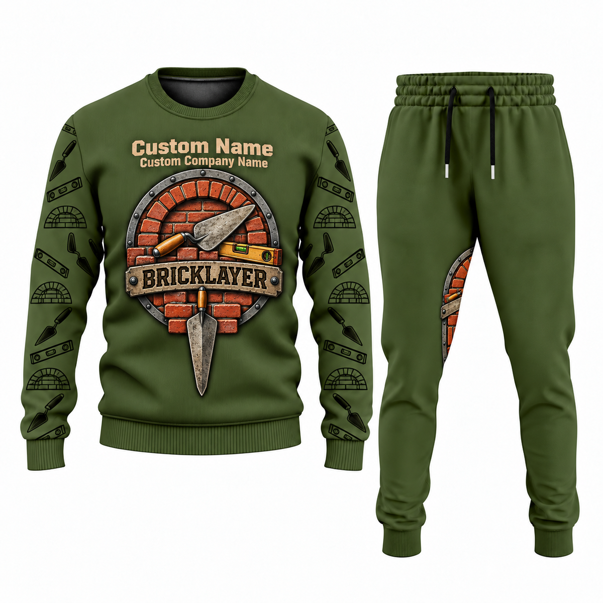 Bricklayer matching top and jogger combo in Olive with name and company artwork