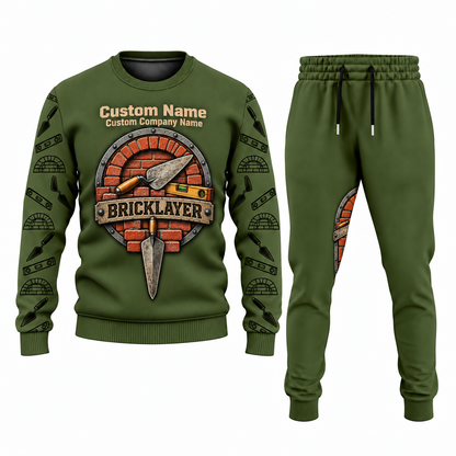 Bricklayer matching top and jogger combo in Olive with name and company artwork