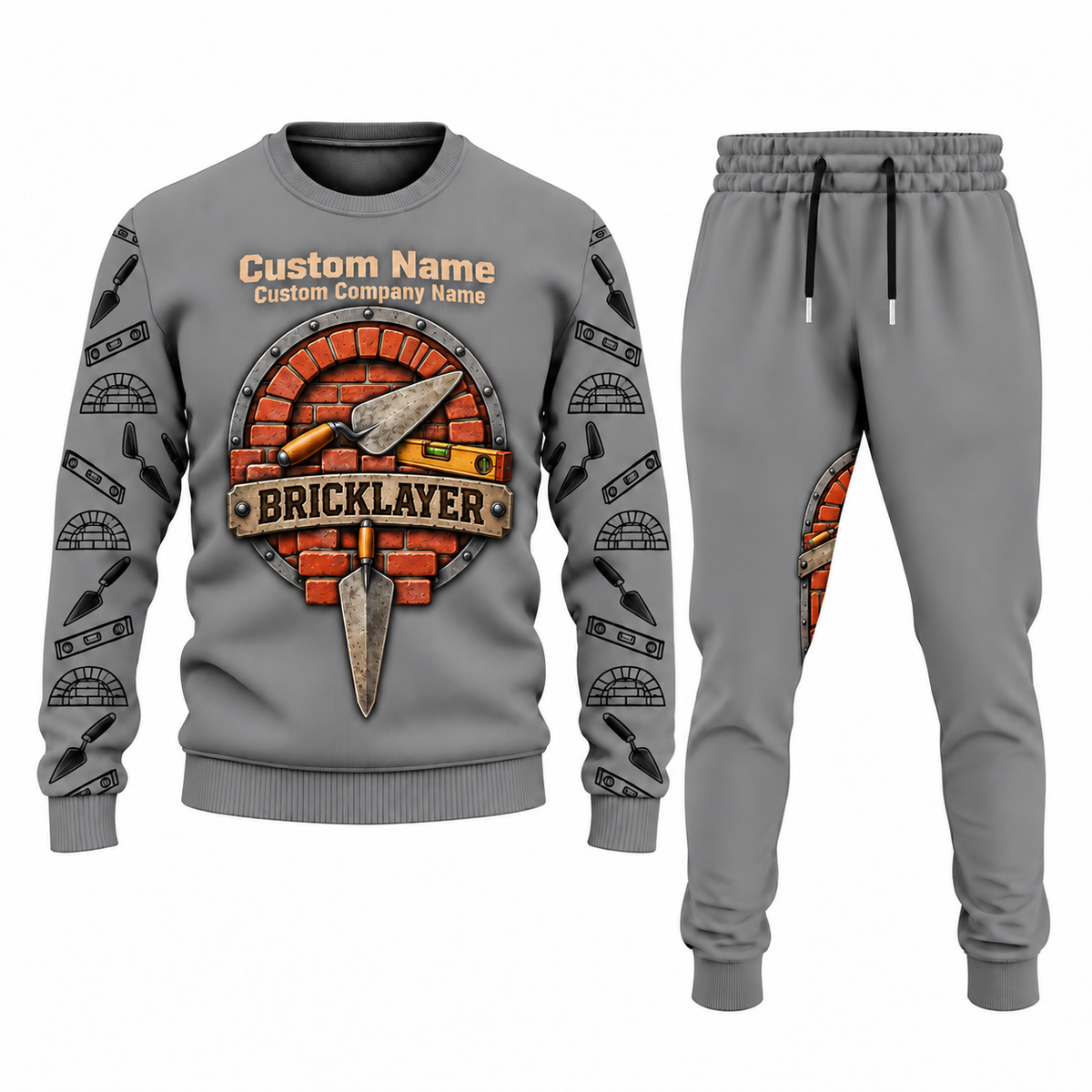 Bricklayer matching top and jogger combo in Gray with name and company artwork