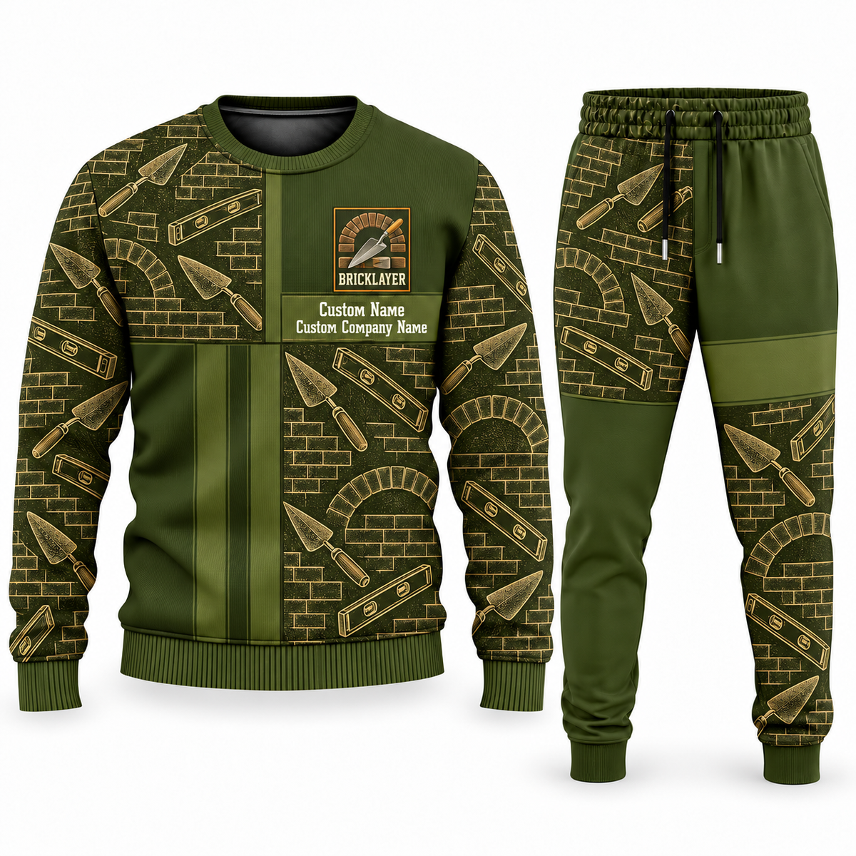Bricklayer matching top and jogger combo in Olive with name and company artwork