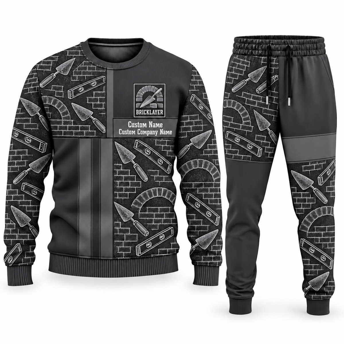 Bricklayer matching top and jogger combo in Charcoal with name and company artwork