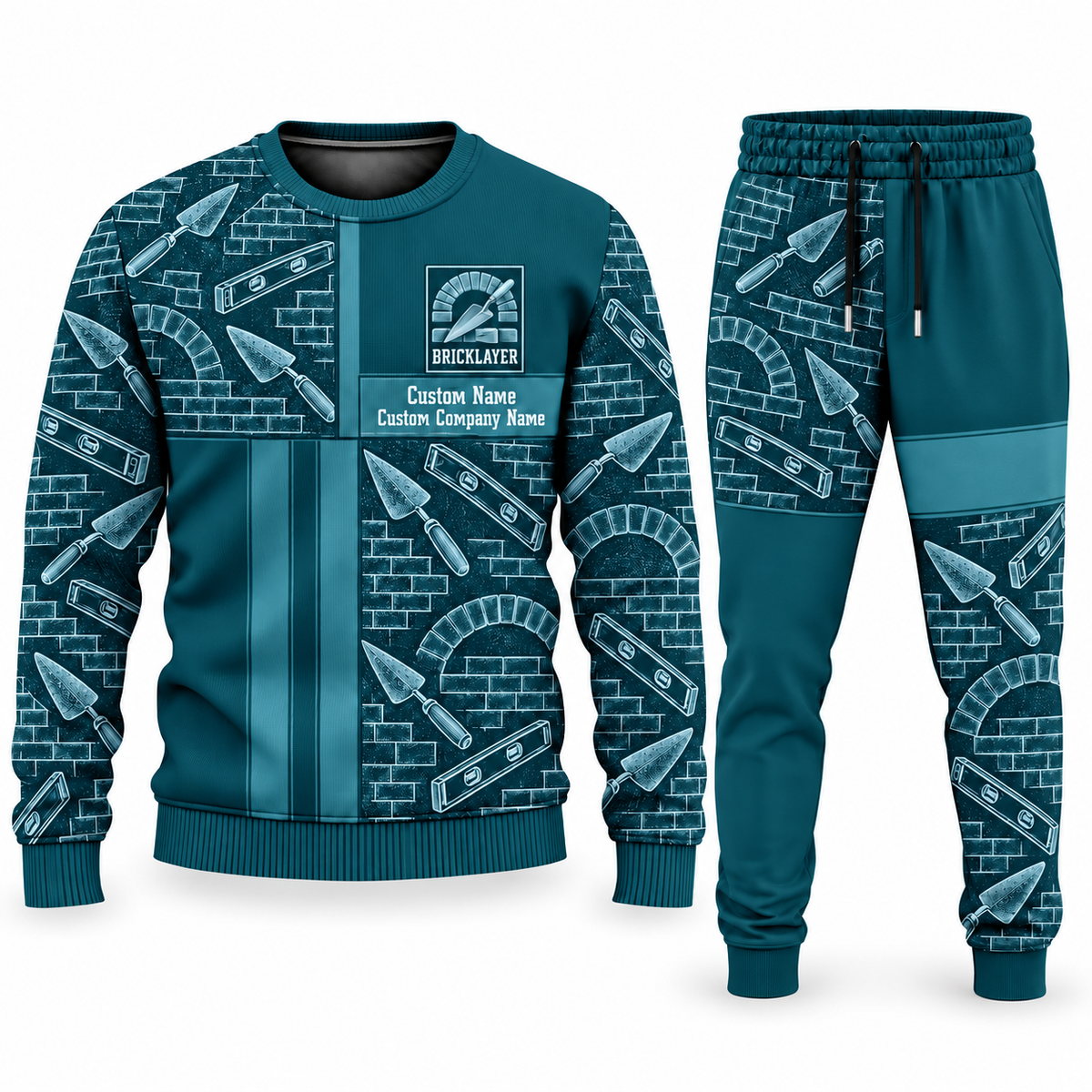 Bricklayer matching top and jogger combo in Teal with name and company artwork