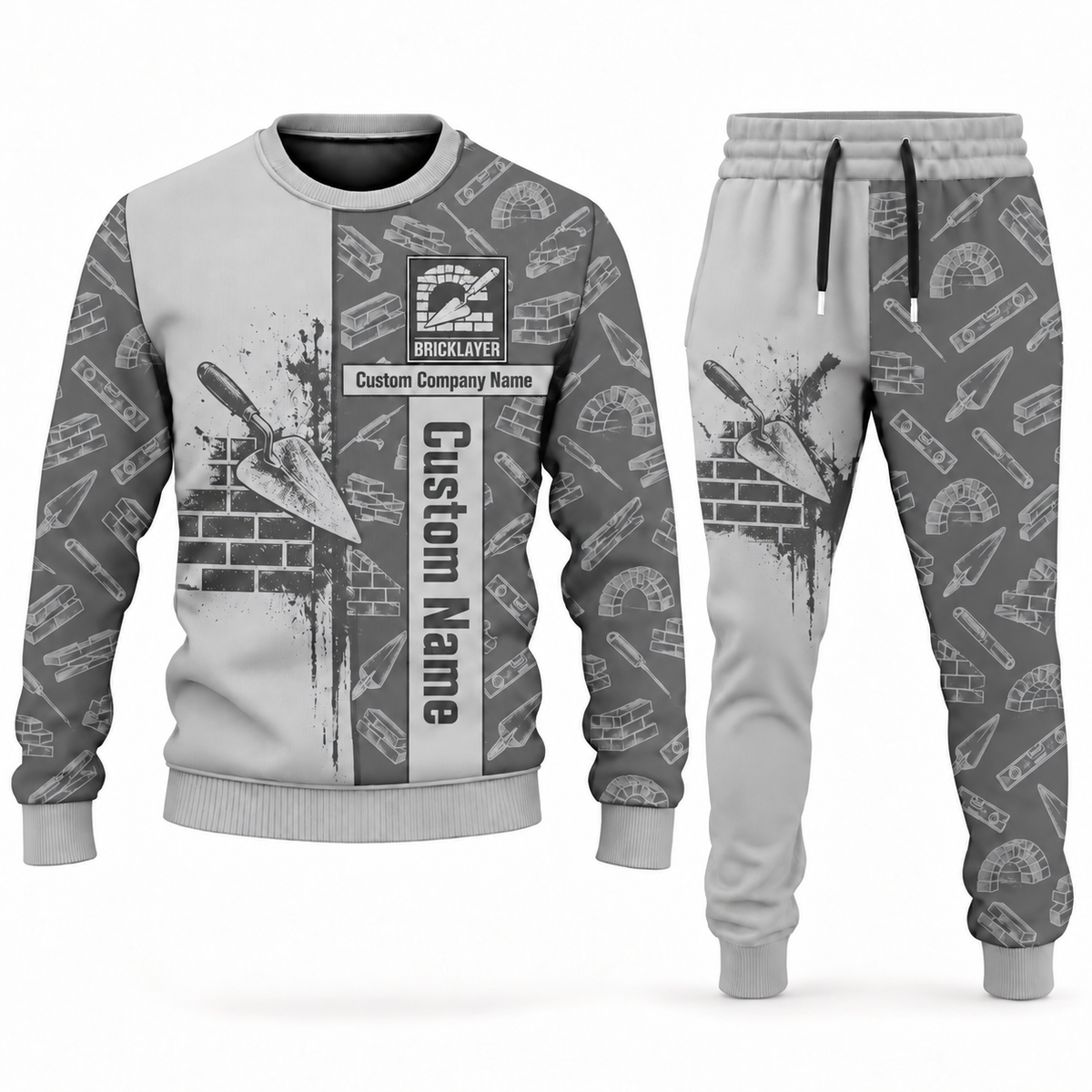 Bricklayer sweater and jogger matching set in light-gray with Custom Name and Custom Company Name artwork