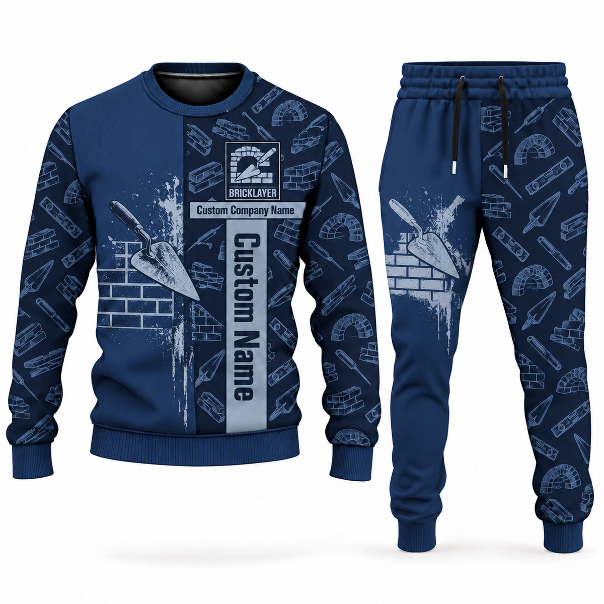 Bricklayer sweater and jogger matching set in navy with Custom Name and Custom Company Name artwork