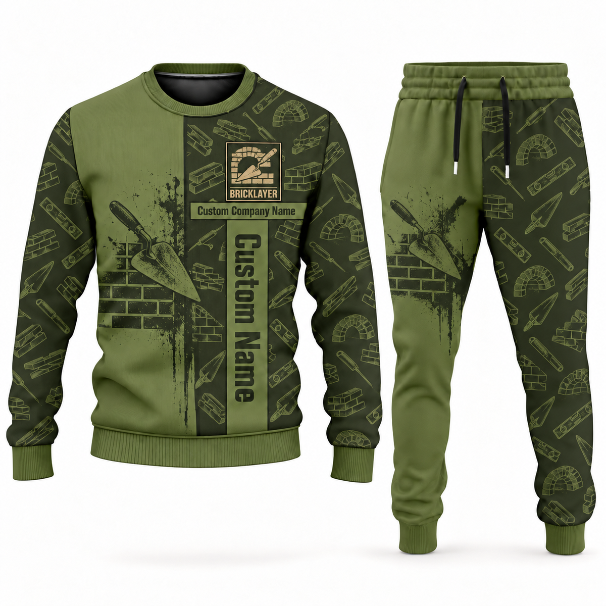 Bricklayer sweater and jogger matching set in Olive with Custom Name and Custom Company Name artwork