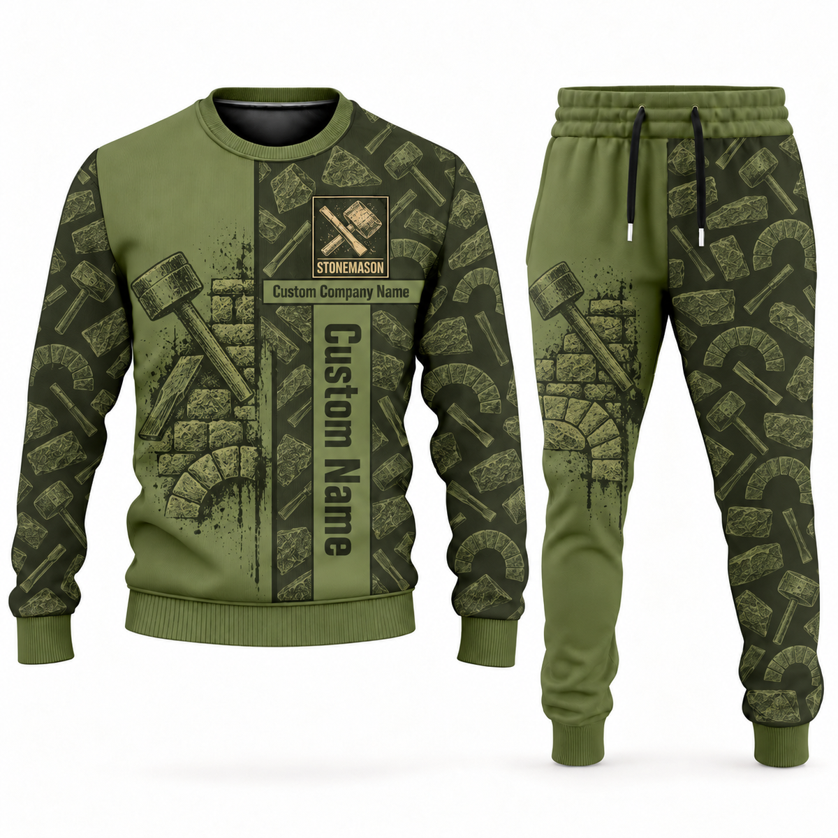 Stonemason matching top and jogger combo in Olive with name and company artwork