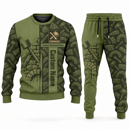 Stonemason matching top and jogger combo in Olive with name and company artwork