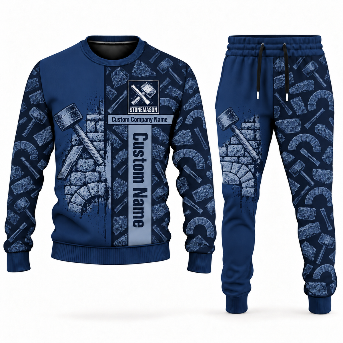 Stonemason matching top and jogger combo in Navy with name and company artwork