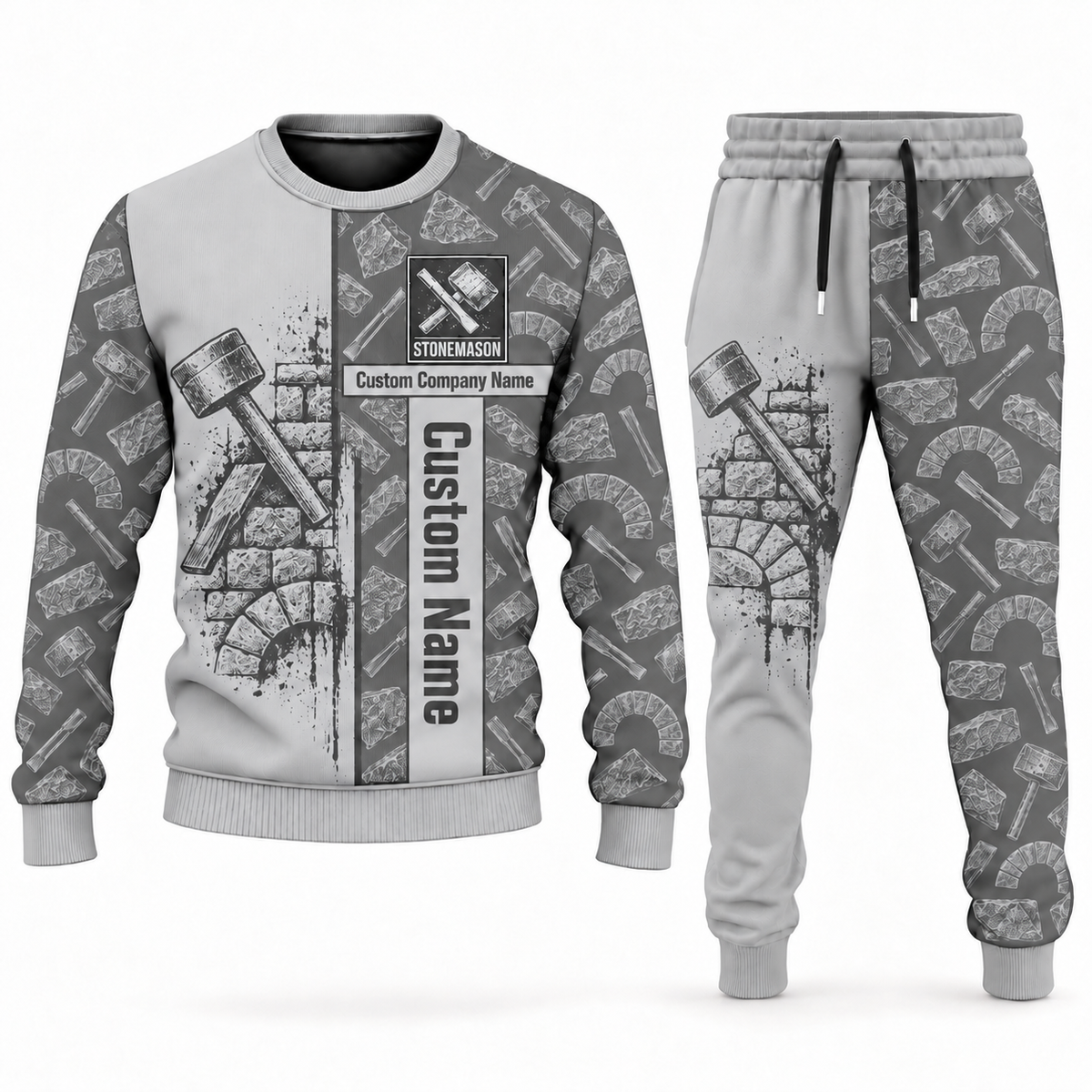 Stonemason matching top and jogger combo in Light Gray with name and company artwork