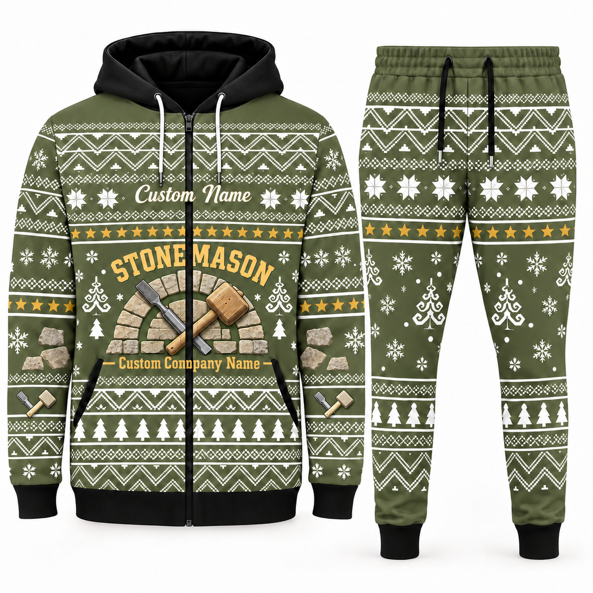 Stonemason matching top and jogger combo in Olive with name and company artwork