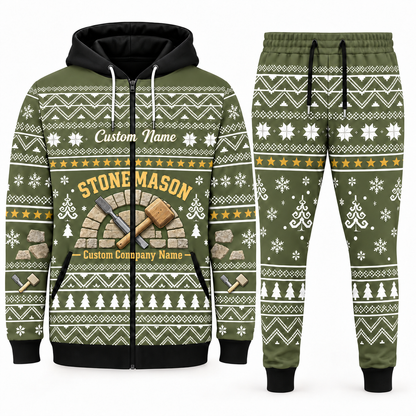 Stonemason matching top and jogger combo in Olive with name and company artwork