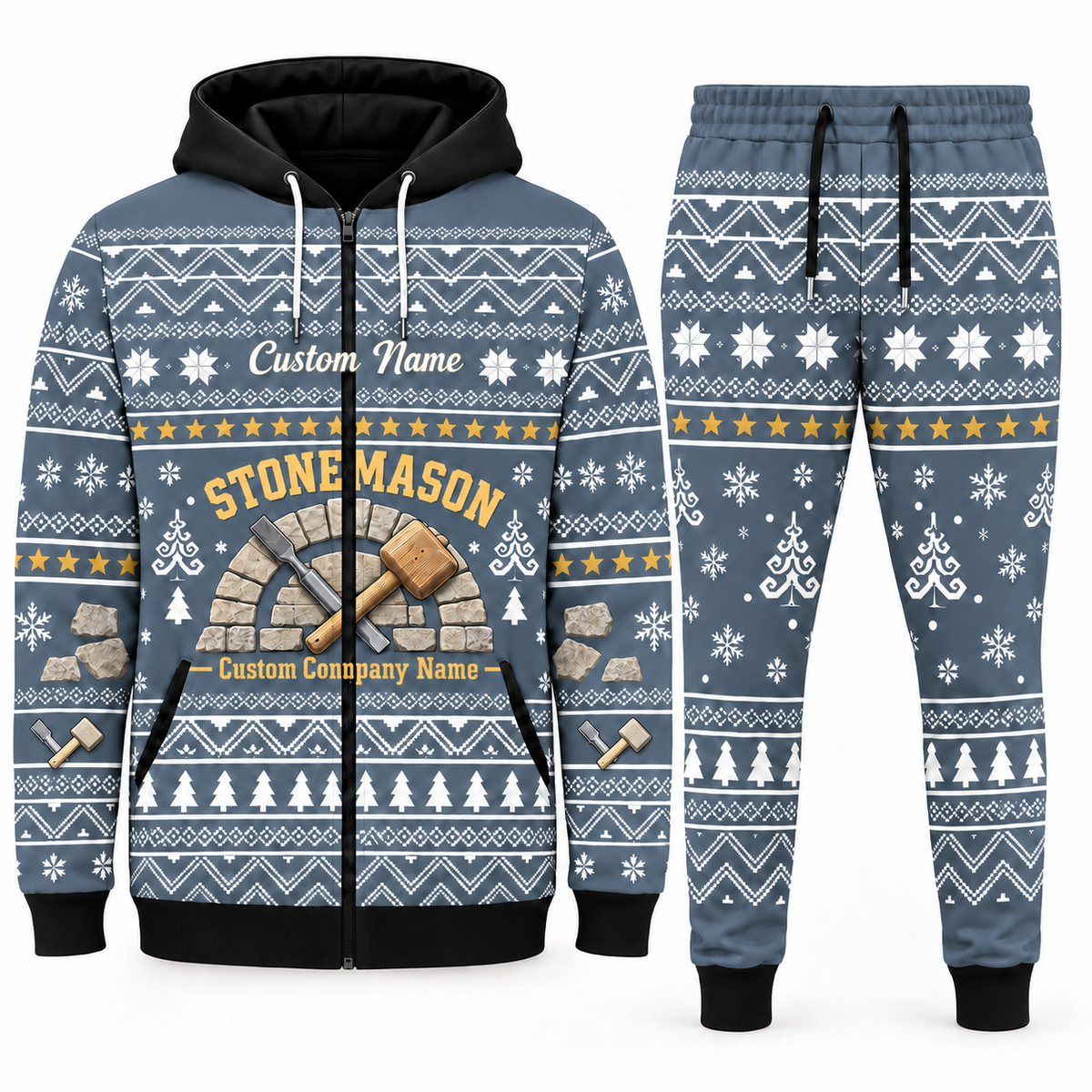 Stonemason matching top and jogger combo in Blue Gray with name and company artwork
