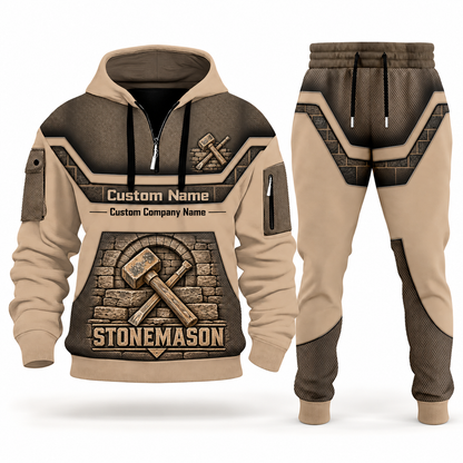 Stonemason matching top and jogger combo in Sand with name and company artwork
