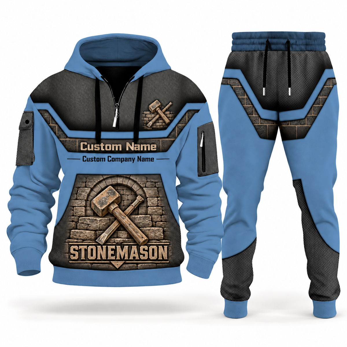 Stonemason matching top and jogger combo in Steel Blue with name and company artwork