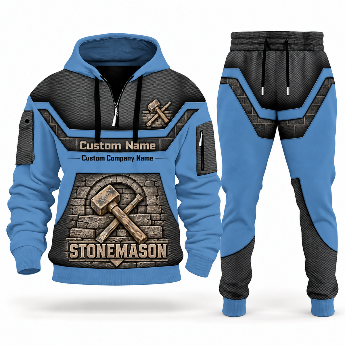 Stonemason matching top and jogger combo in Slate Blue with name and company artwork