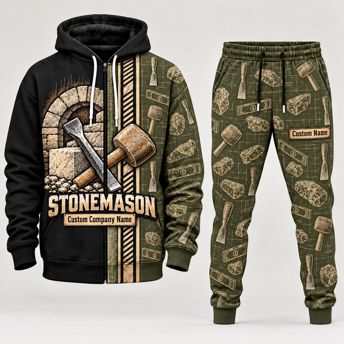Stonemason matching top and jogger combo in Olive with name and company artwork