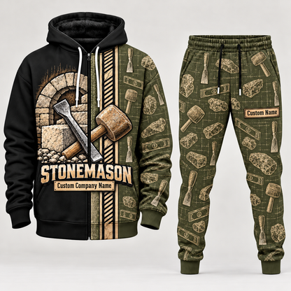 Stonemason matching top and jogger combo in Olive with name and company artwork