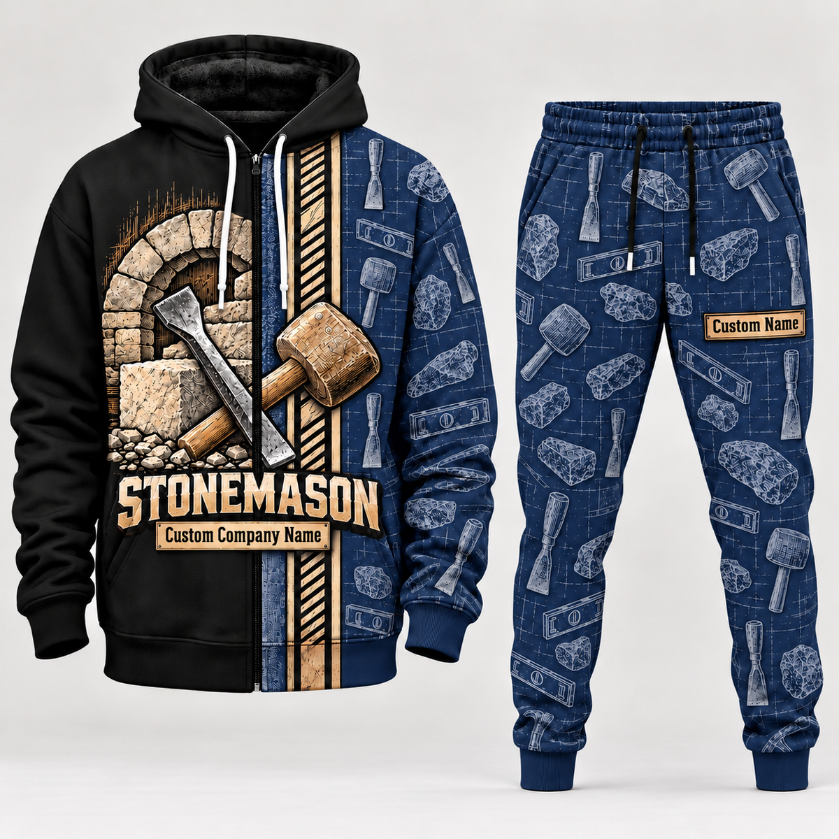Stonemason matching top and jogger combo in Navy with name and company artwork