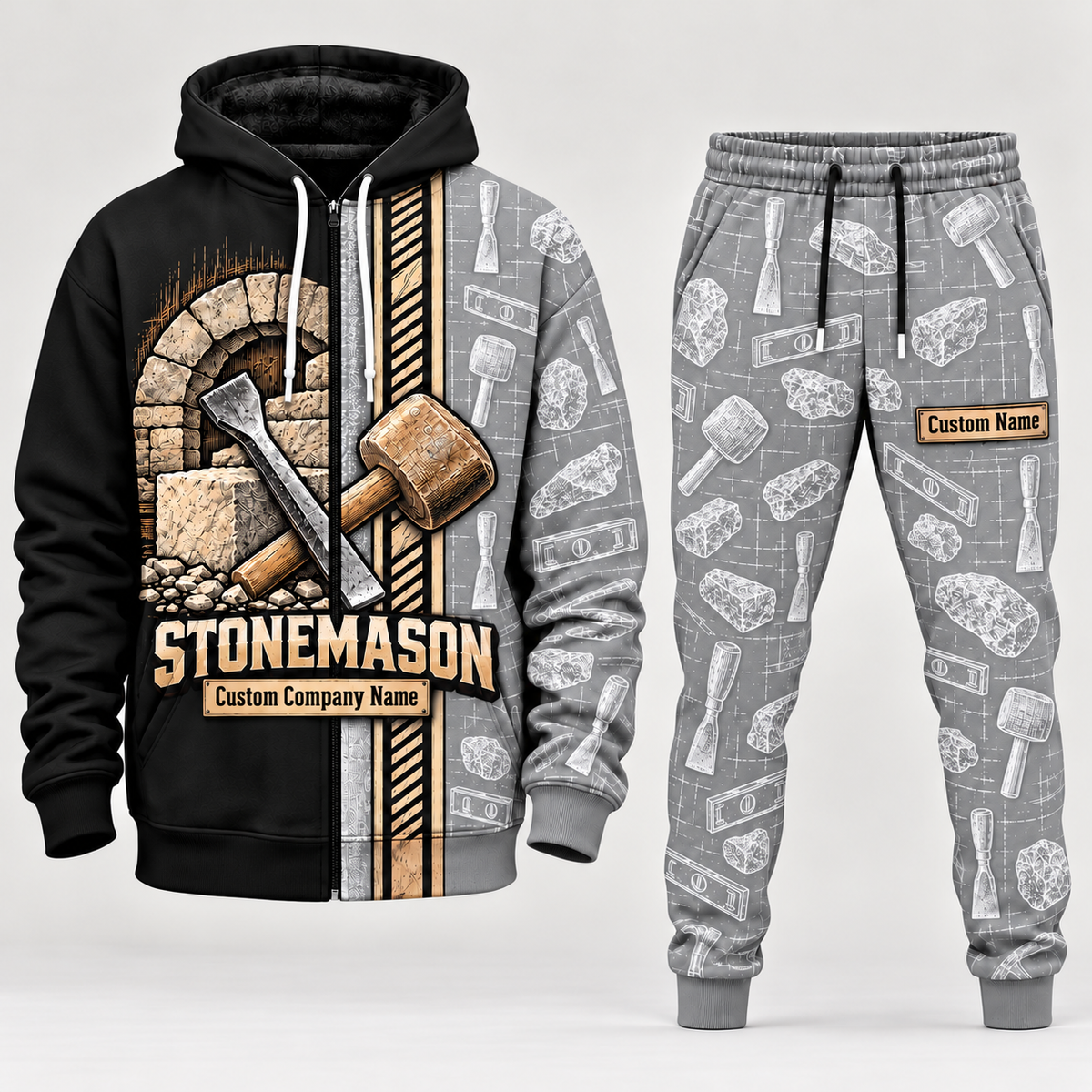 Stonemason matching top and jogger combo in Light Gray with name and company artwork