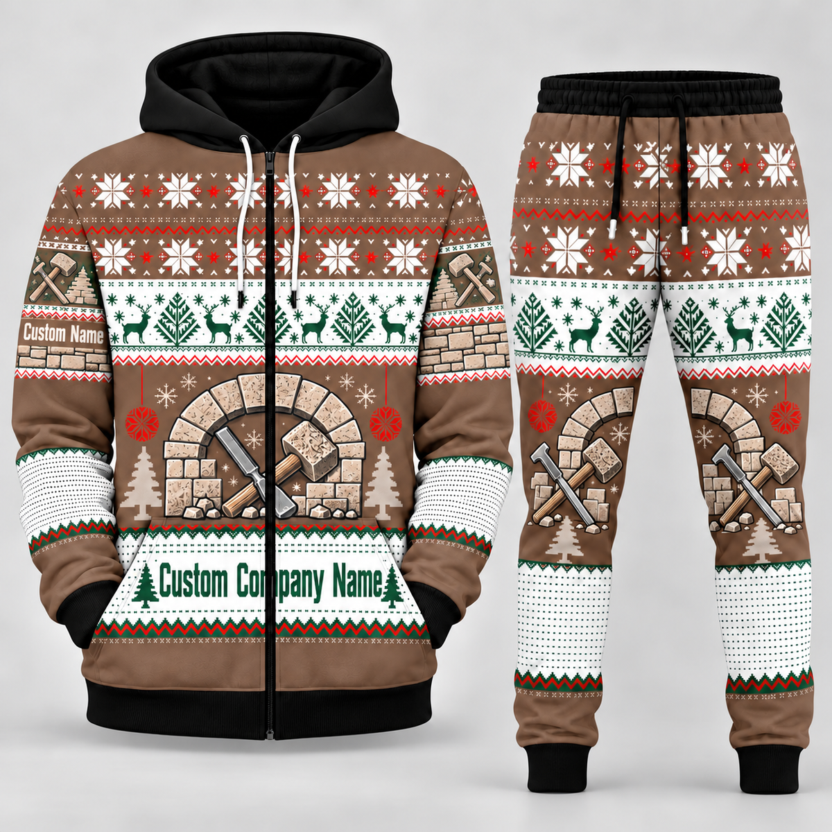 Stonemason matching top and jogger combo in Brown with name and company artwork