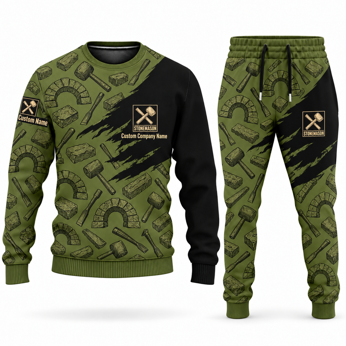 Stonemason matching top and jogger combo in Olive with name and company artwork