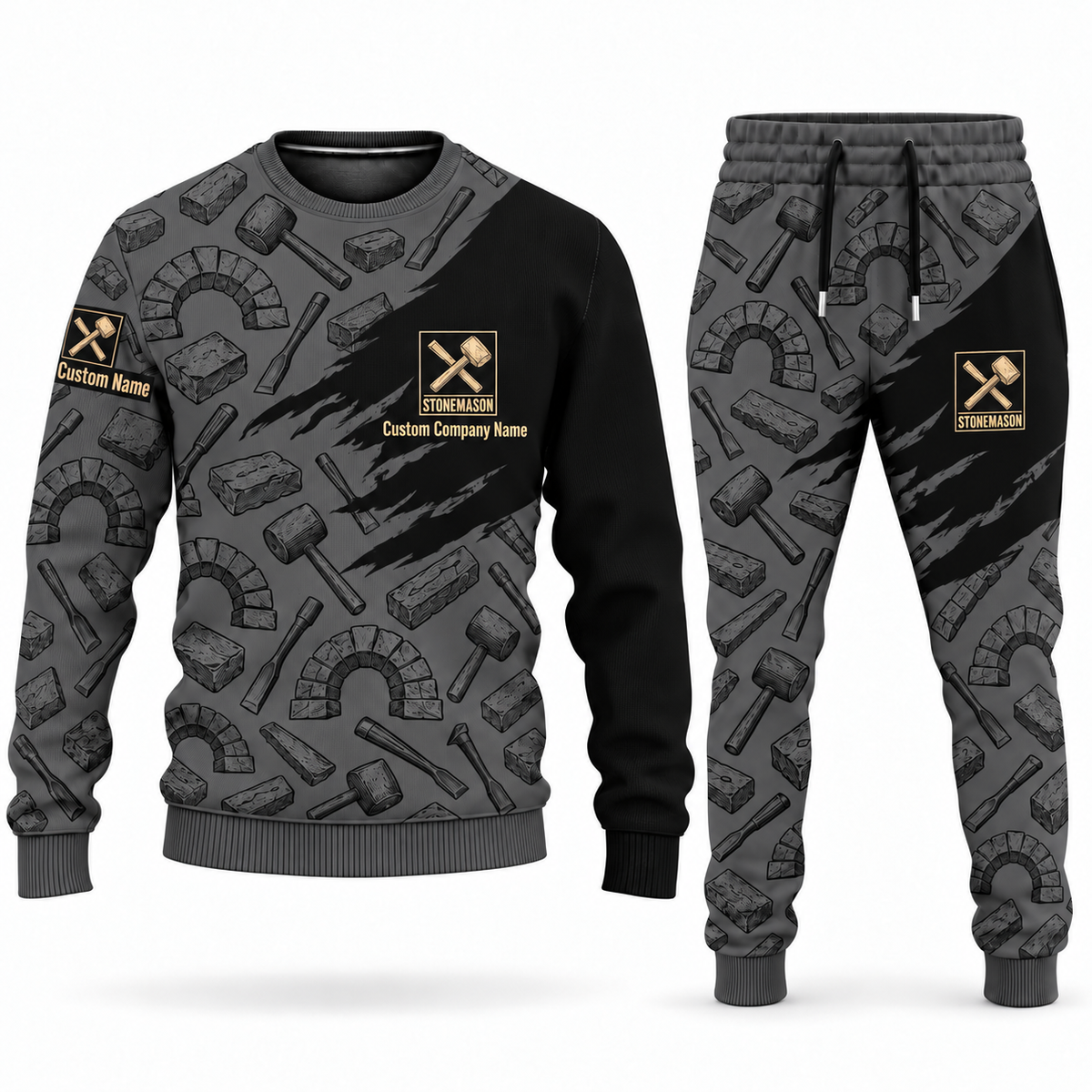 Stonemason matching top and jogger combo in Charcoal with name and company artwork