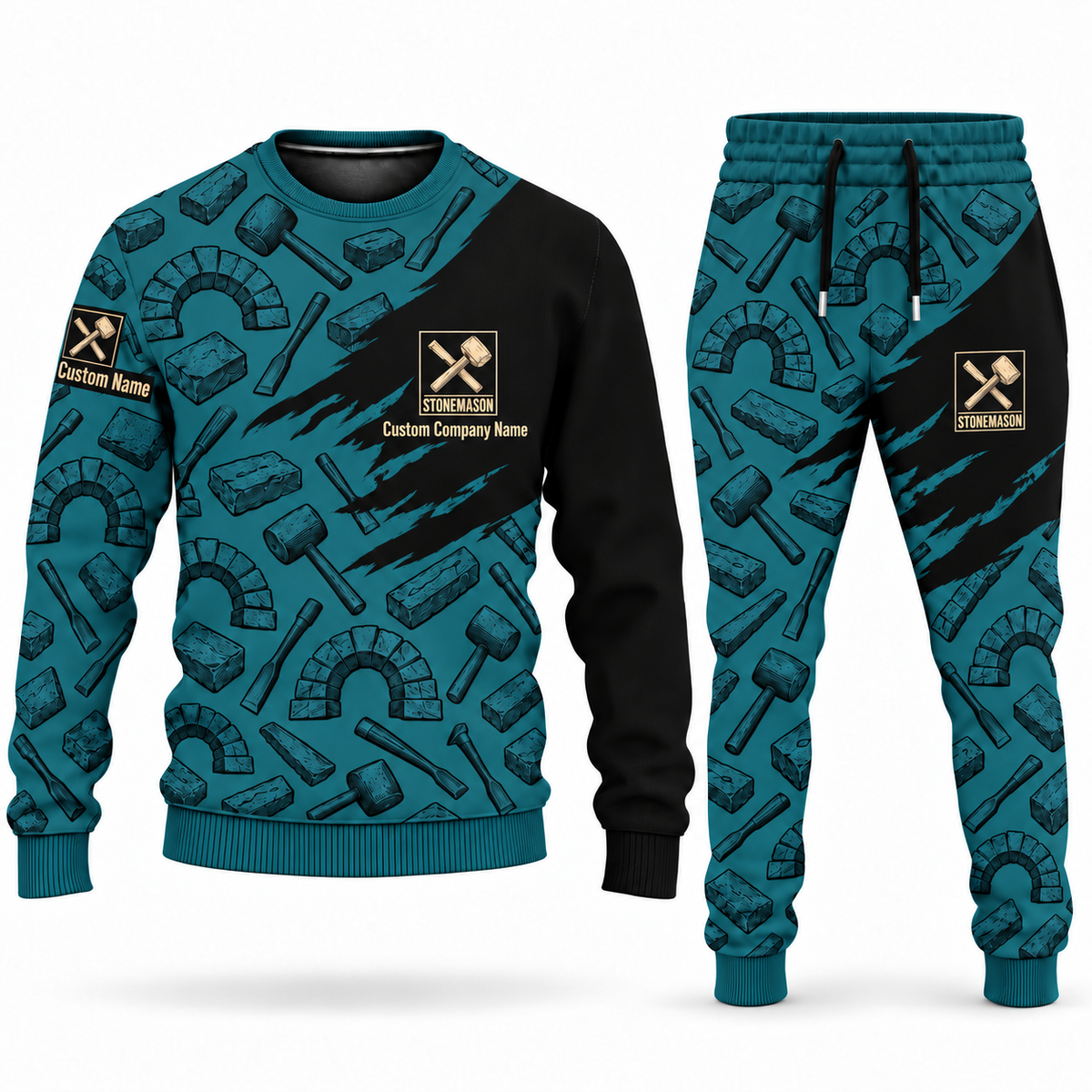 Stonemason matching top and jogger combo in Teal with name and company artwork