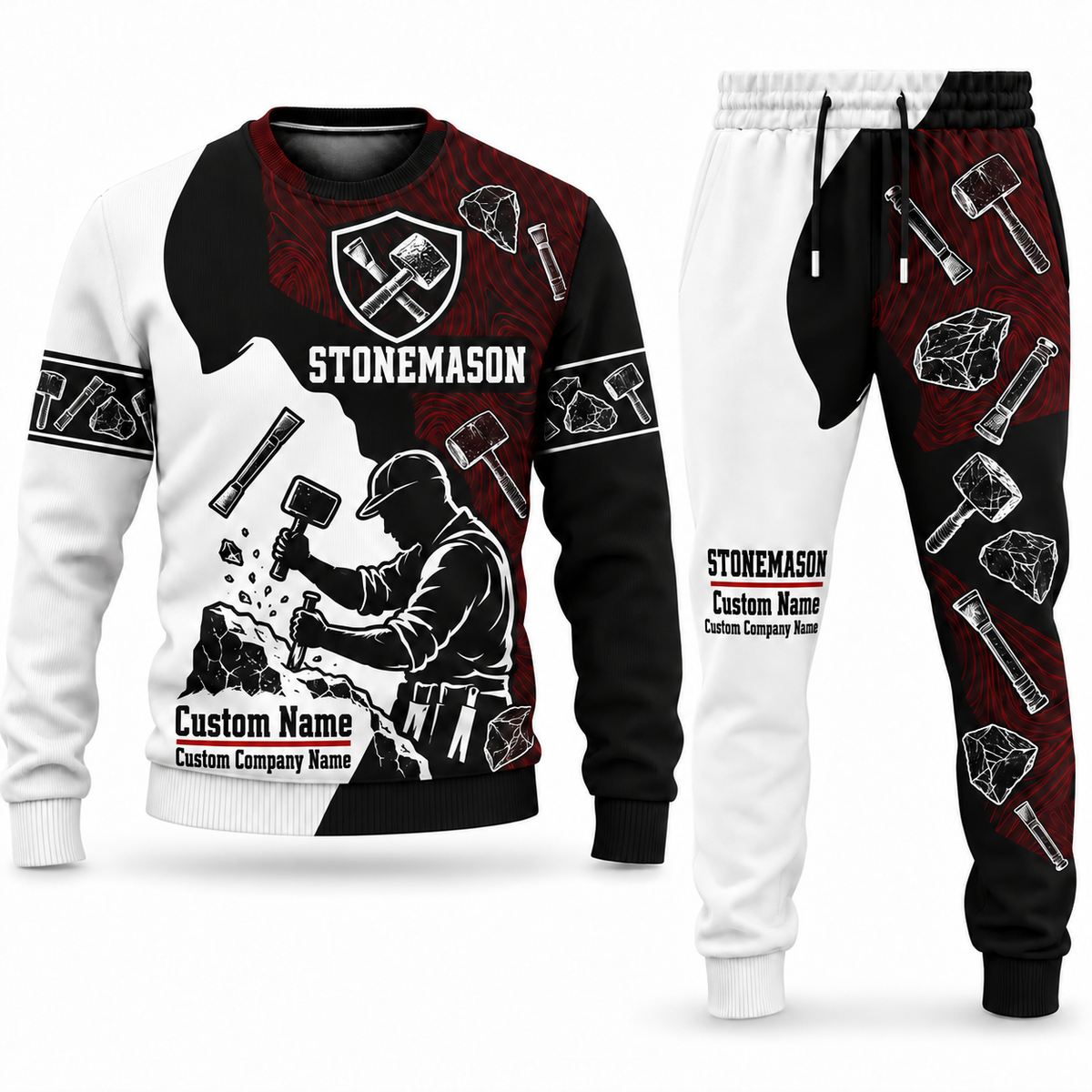Stonemason matching top and jogger combo in Emblem with name and company artwork
