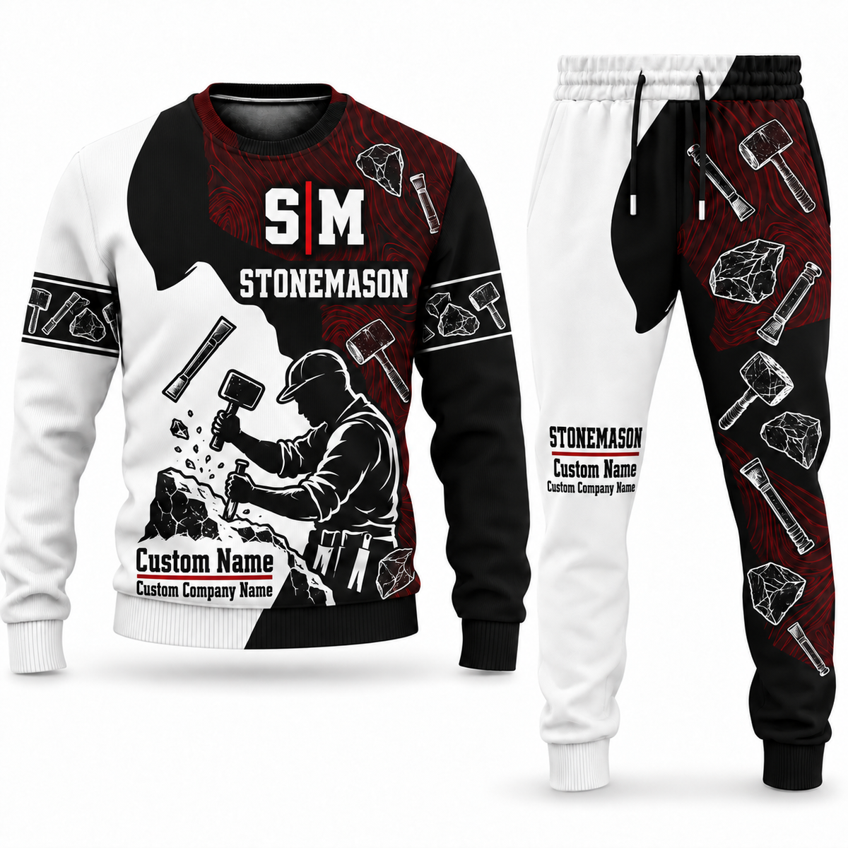 Stonemason matching top and jogger combo in Typography with name and company artwork