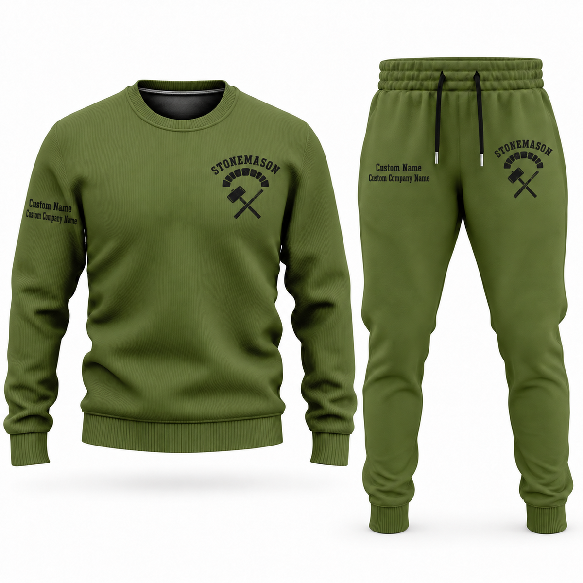 Stonemason matching top and jogger combo in Olive with name and company artwork