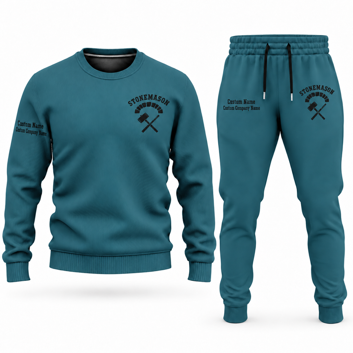 Stonemason matching top and jogger combo in Teal with name and company artwork