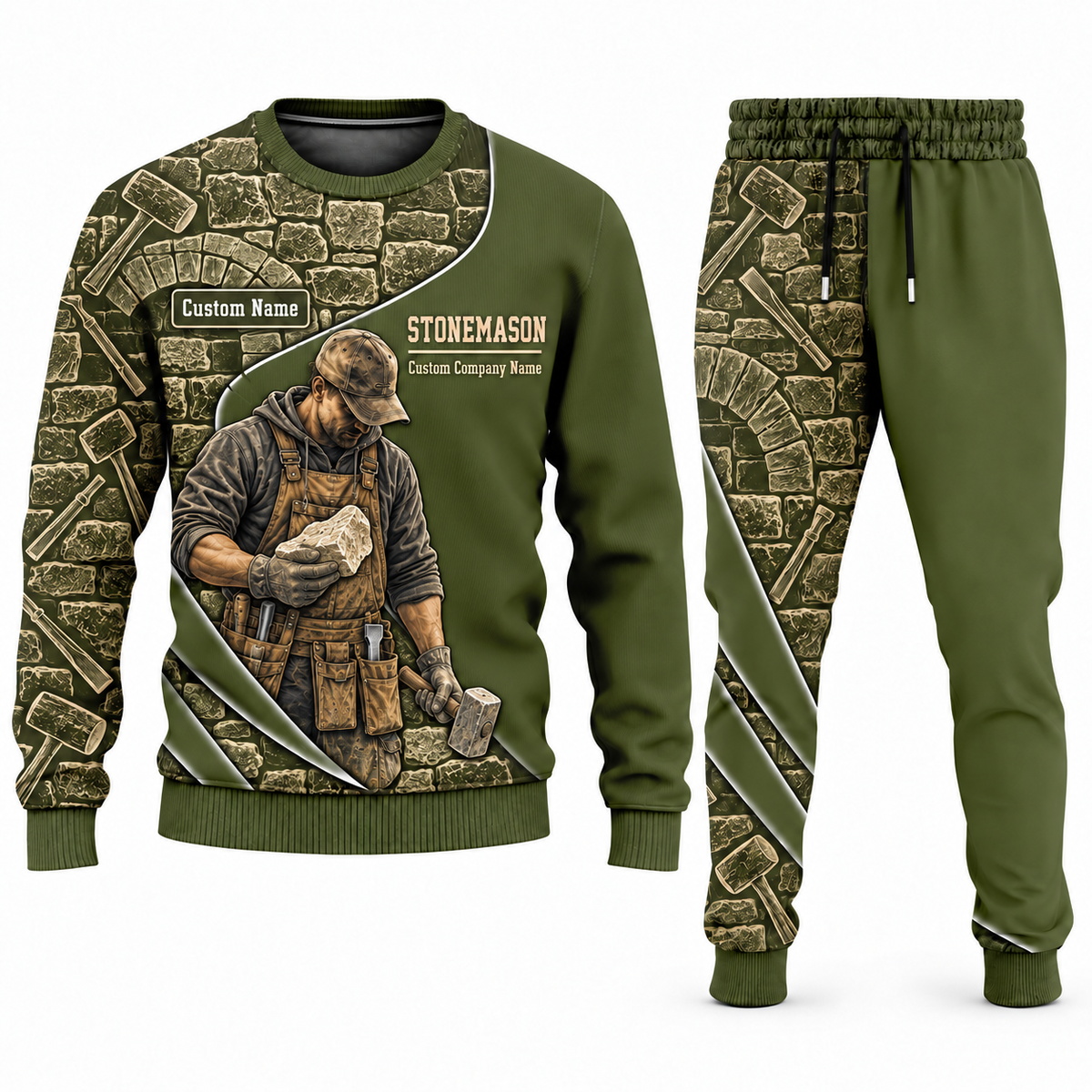Stonemason matching top and jogger combo in Olive with name and company artwork