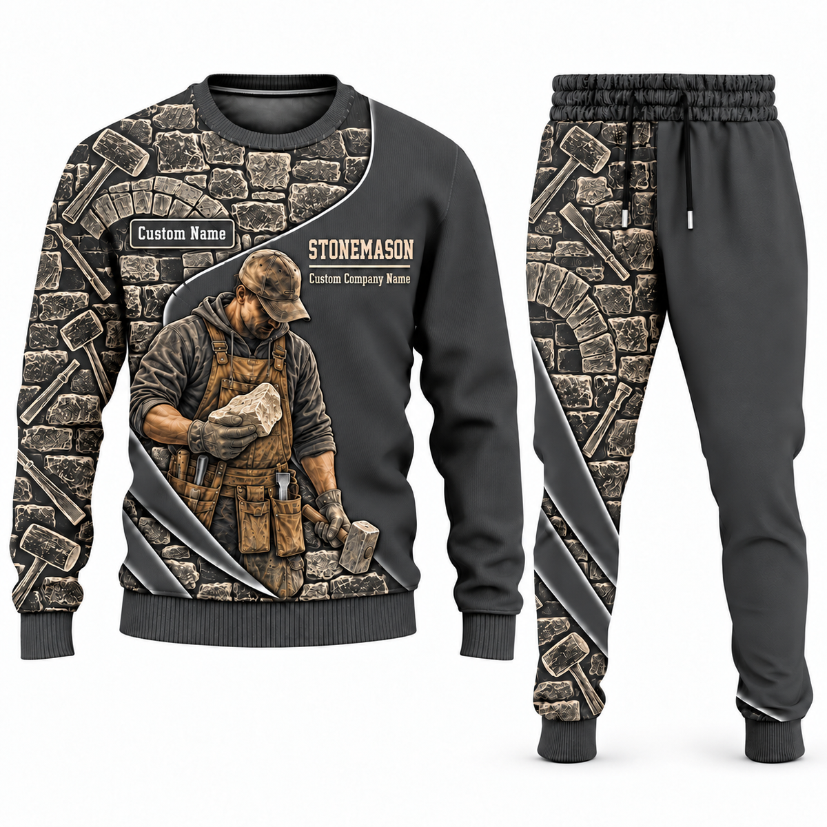 Stonemason matching top and jogger combo in Charcoal with name and company artwork