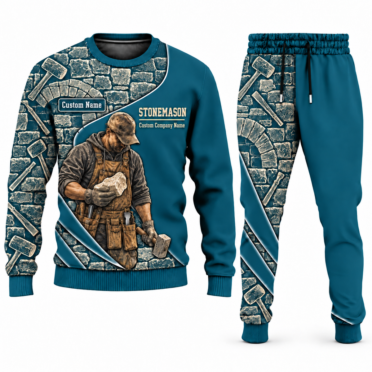 Stonemason matching top and jogger combo in Teal with name and company artwork