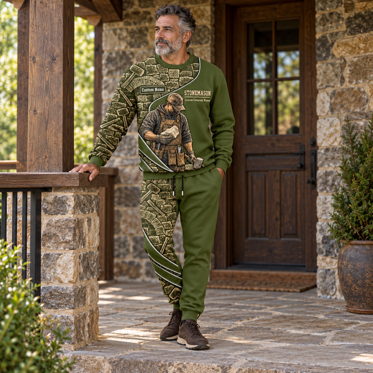 Stonemason matching top and jogger combo worn by an adult model