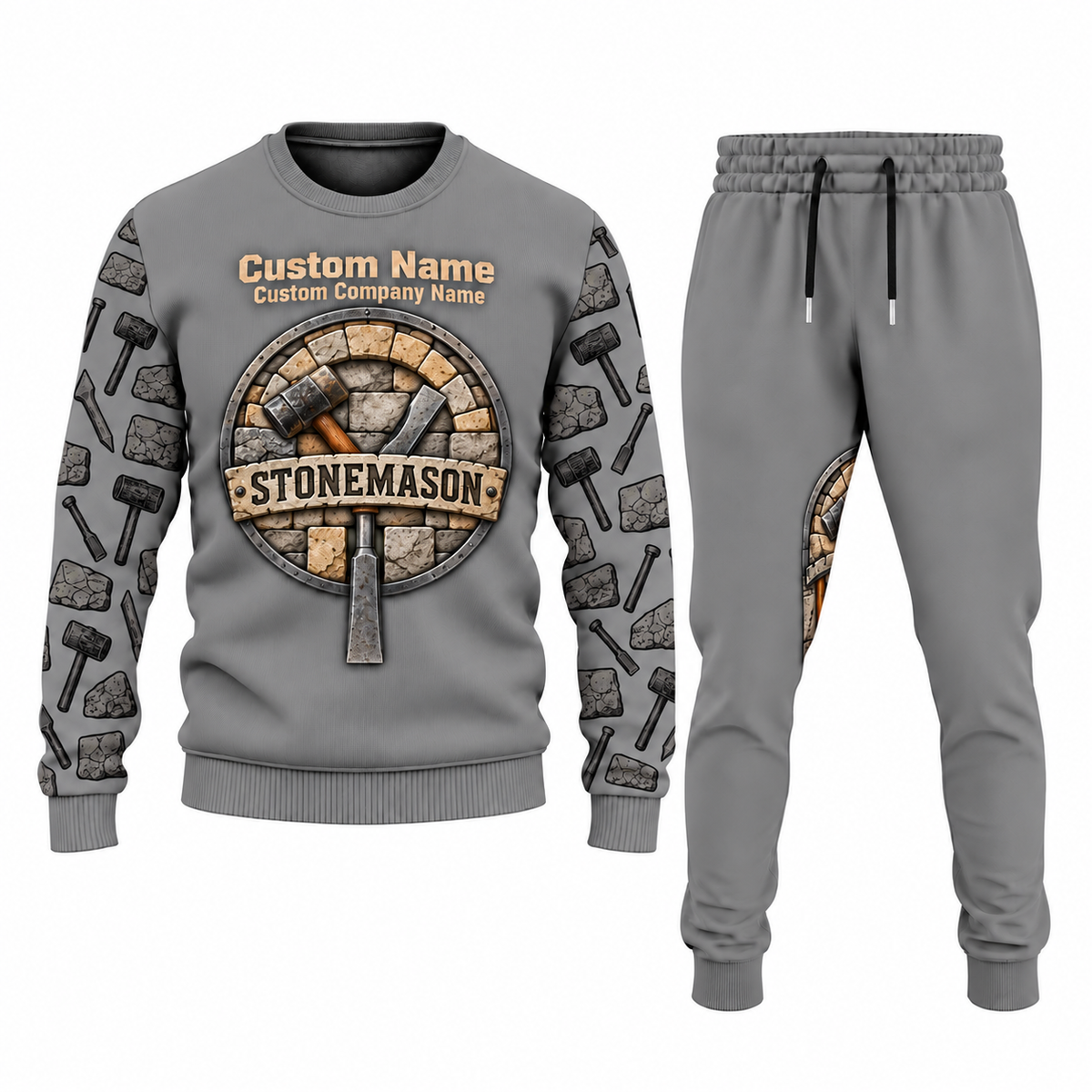 Stonemason matching top and jogger combo in Gray with name and company artwork