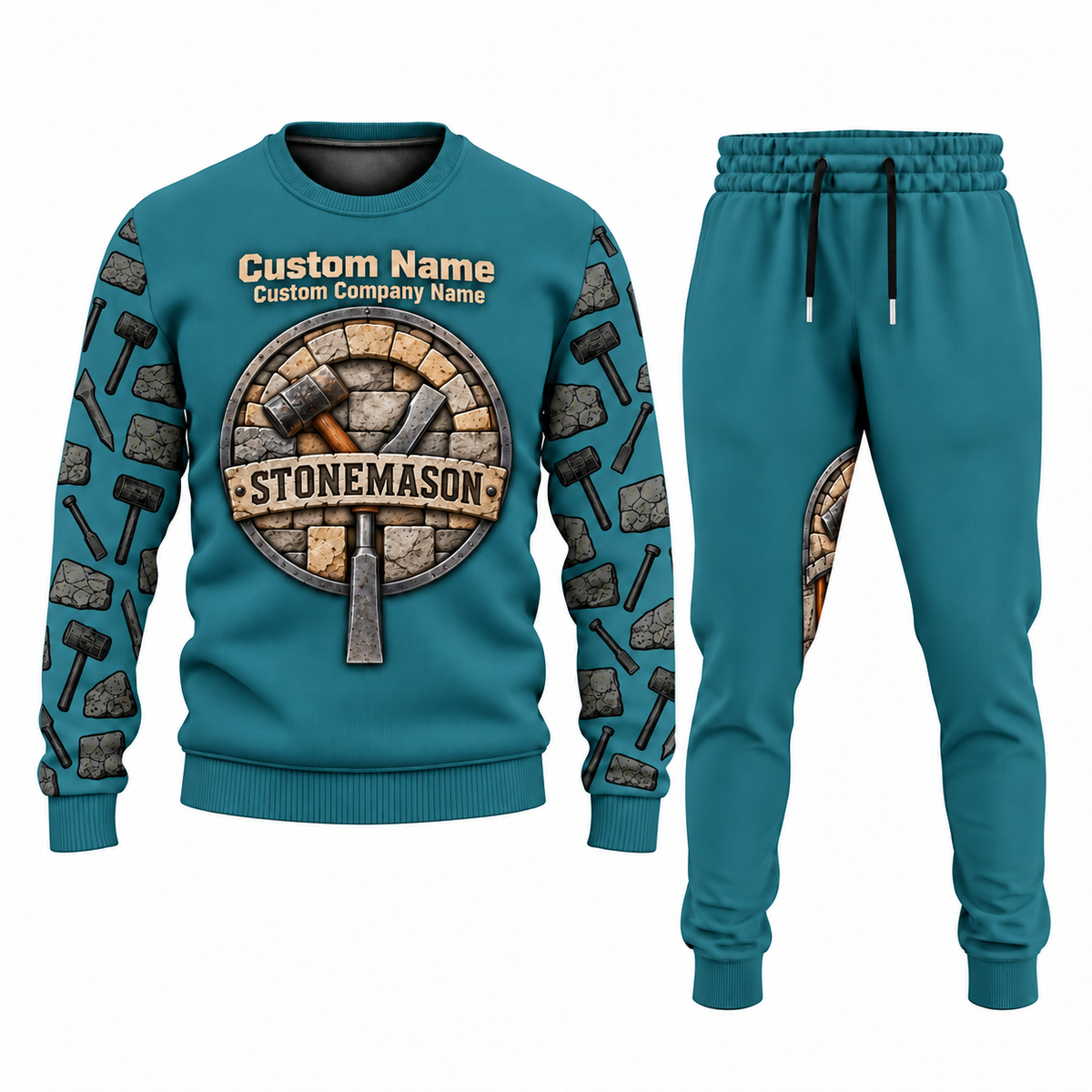 Stonemason matching top and jogger combo in Teal with name and company artwork