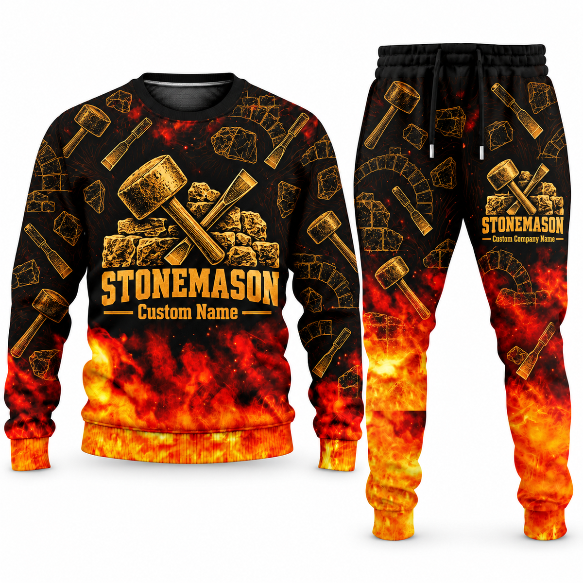 Stonemason matching top and jogger combo in Tools with name and company artwork