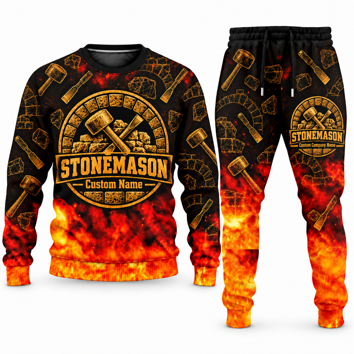 Stonemason matching top and jogger combo in Emblem with name and company artwork