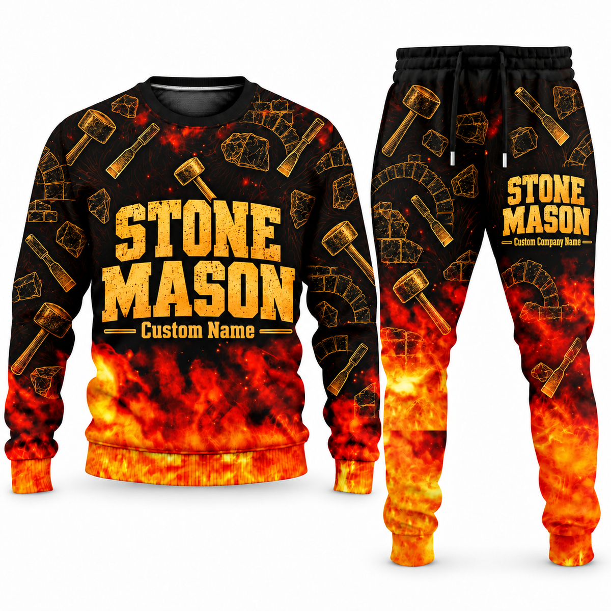Stonemason matching top and jogger combo in Typography with name and company artwork
